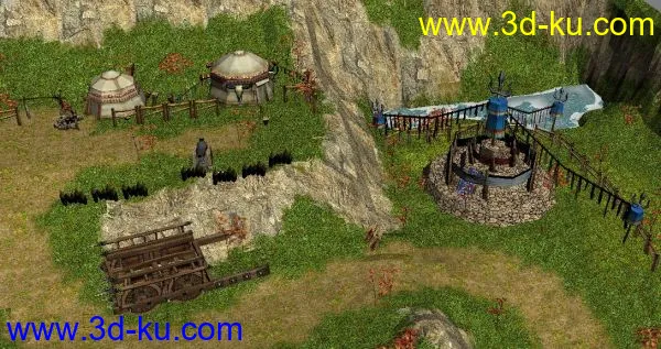 游戏低模天龙八部的蒙古场景模型，山，河，蒙古包，战车，瞭望台，比较有特色的场景的图片2