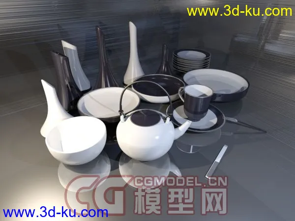 现代黑白陶艺日用陶瓷设计3dmax模型下载，带贴图的图片1