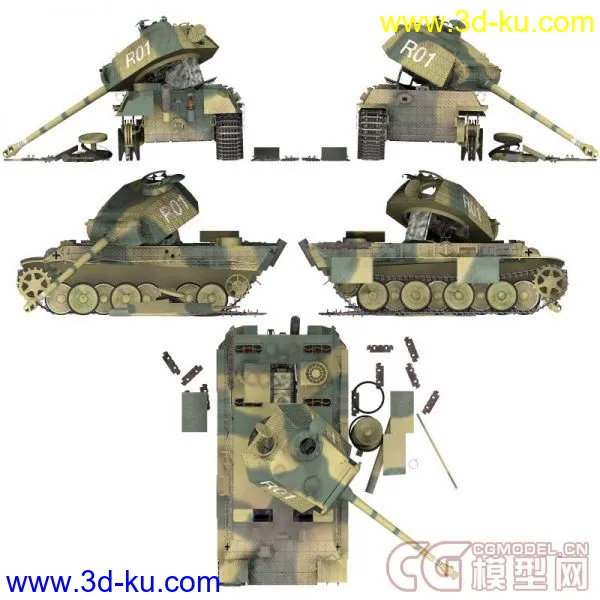 被击毁的坦克四辆 M4A1 Panther Tiger King Tiger(更新加一辆)模型的图片4