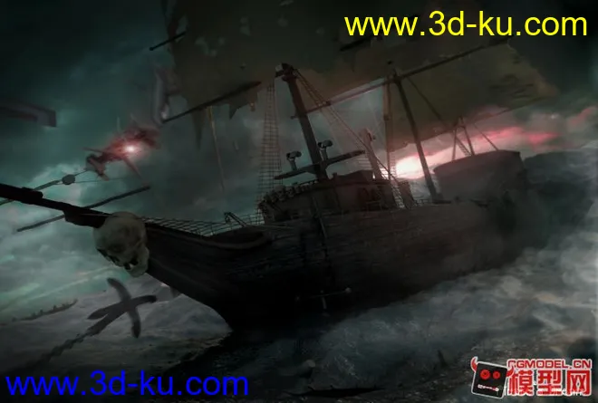 原创凶恶海盗船海战场景模型的图片1