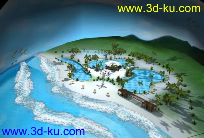 现代风沙滩娱乐美仑美奂逼真场景带动画模型的图片2