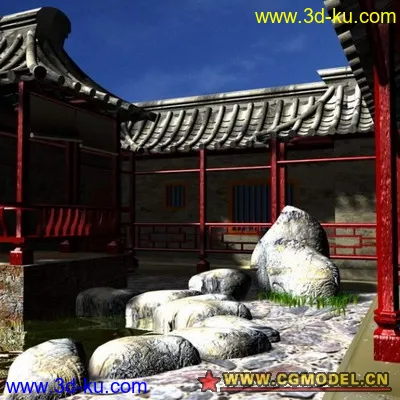 中式建筑院墙3D模型的图片1