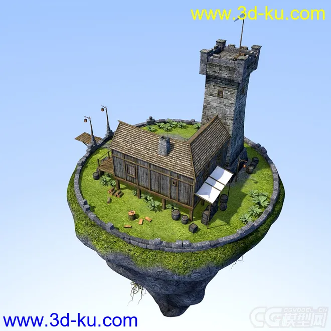 科幻系列——空中堡垒 科幻空中城堡 空中防御塔 天上巡逻站 空中小村庄模型的图片2