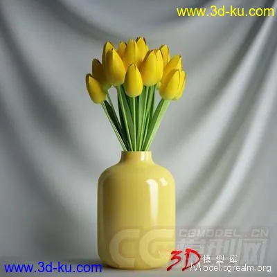 高精细模型花瓶 郁金香 有贴图的图片1
