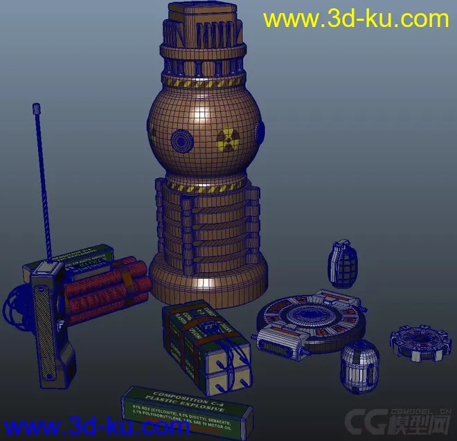 爆破手雷——手榴弹 C4炸弹 定时炸弹 雷管 水雷 地雷 爆破雷全套模型的图片4