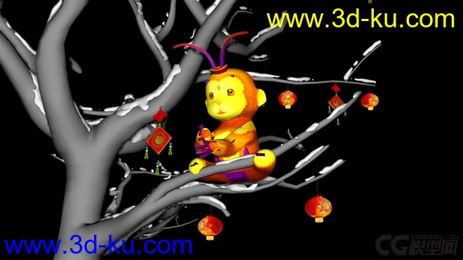 小猴蹲树上垂钓 春节小猴 猴年 春节 猴年大吉模型的图片2