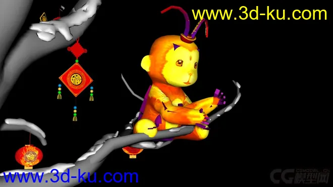 小猴蹲树上垂钓 春节小猴 猴年 春节 猴年大吉模型的图片3