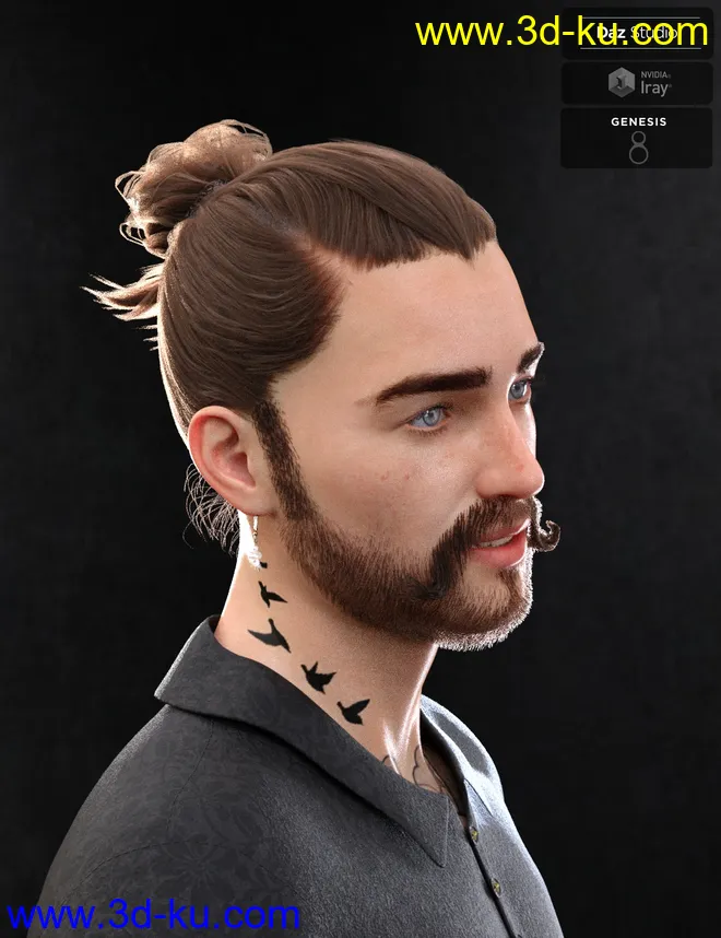 Yvanovich Bun Hair and Beard for Genesis 8 Male(s)模型的图片7