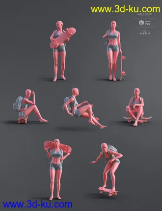 3D打印模型AJC Pro Skate Poses and Props for Genesis 8 and 8.1 Females的图片
