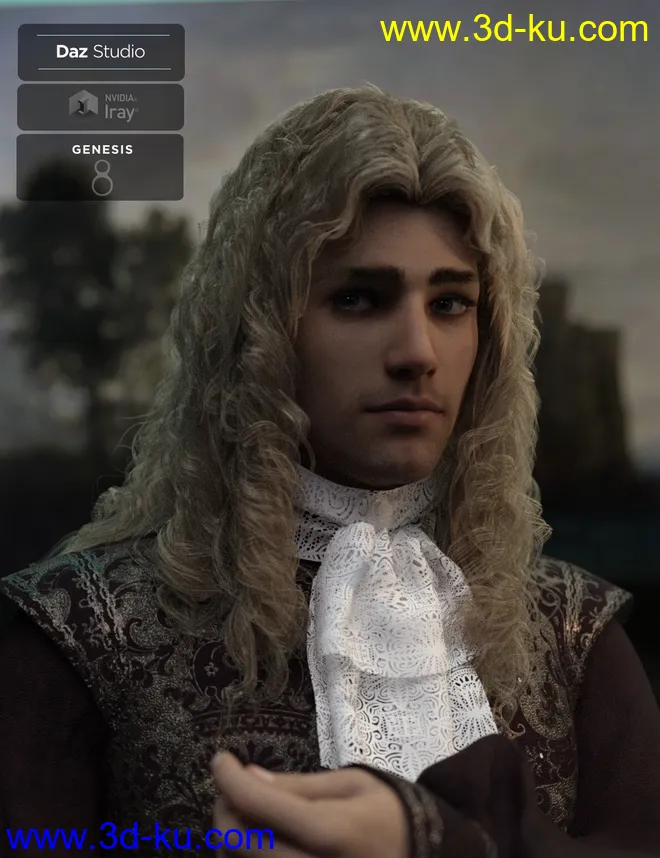 Fouquet Loose Curls Wig and Thin Mustache for Genesis 8.1 Males模型的图片4