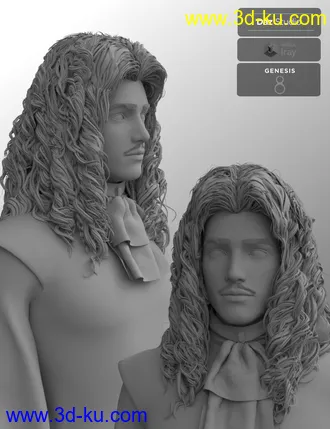 3D打印模型Fouquet Loose Curls Wig and Thin Mustache for Genesis 8.1 Males的图片