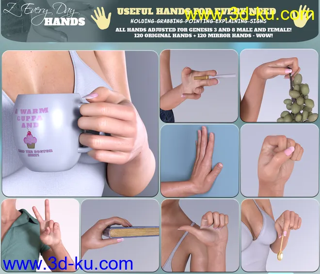 Z Every Day Hands for Genesis 3 and 8模型的图片4