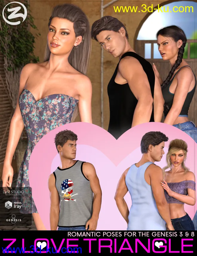 Z Love Triangle - Romantic Poses for Genesis 3 & 8模型的图片1