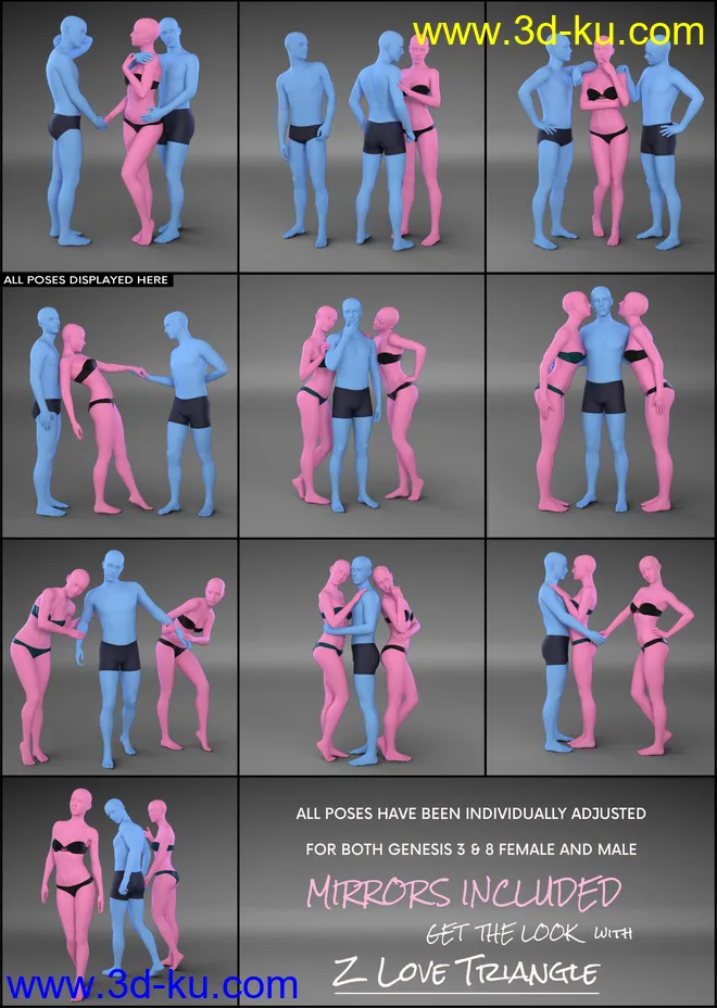 Z Love Triangle - Romantic Poses for Genesis 3 & 8模型的图片7