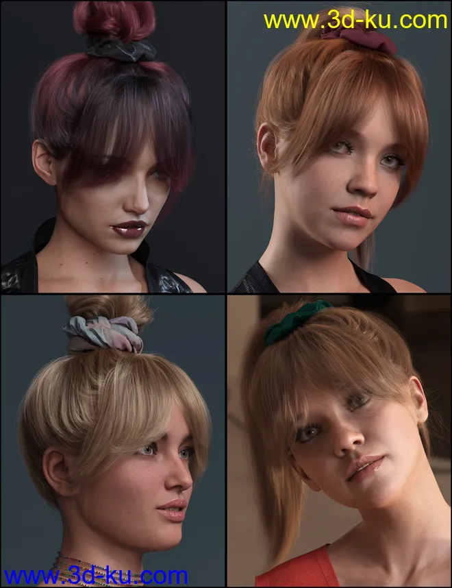 4-in-1 Buns and Ponytail Hair for Genesis 8 and 8.1 Females模型的图片1
