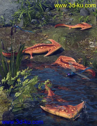 3D打印模型Prehistoric Amphibian Diplocaulus and Dragonfly Prey的图片