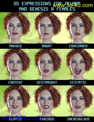 3D打印模型PTF Down to Earth Expressions for Zelara 8 and Genesis 8 Female(s)的图片