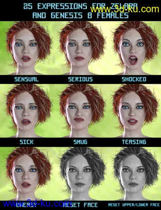 3D打印模型PTF Down to Earth Expressions for Zelara 8 and Genesis 8 Female(s)的图片