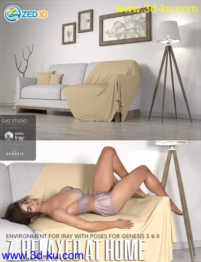 Z Relaxed at Home - Indoor Environment with Poses for Genesis 3 and 8模型的图片1