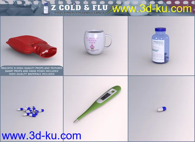 Z Cold and Flu - Props and Poses for Genesis 3 and 8模型的图片3