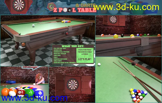 Z Pool Table and Darts for Genesis 8模型的图片3