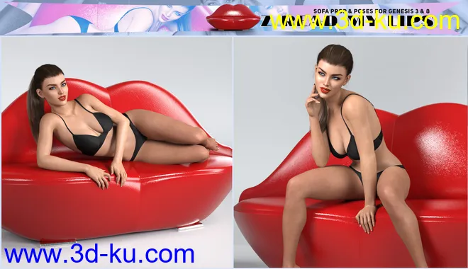 Z Read My Lips Sofa and Poses for Genesis 3 and 8模型的图片4