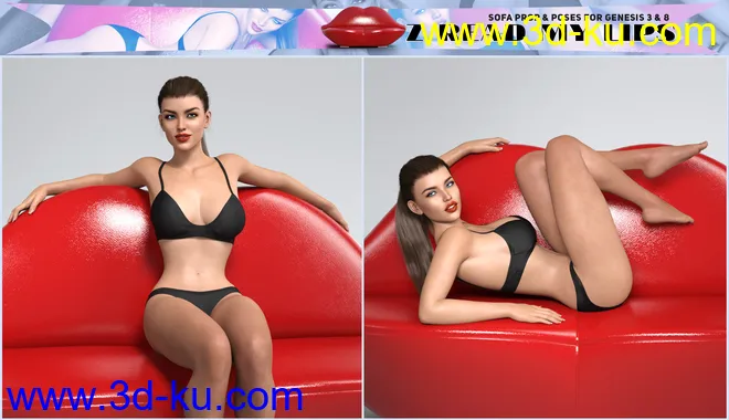 Z Read My Lips Sofa and Poses for Genesis 3 and 8模型的图片7