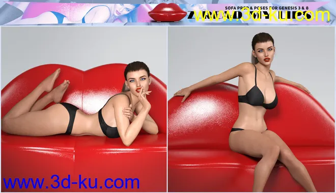 Z Read My Lips Sofa and Poses for Genesis 3 and 8模型的图片8