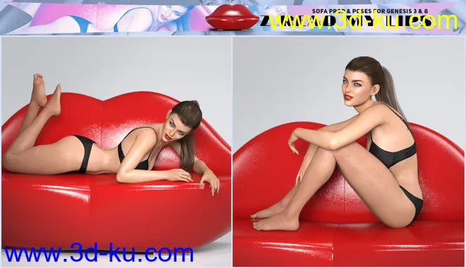 Z Read My Lips Sofa and Poses for Genesis 3 and 8模型的图片12