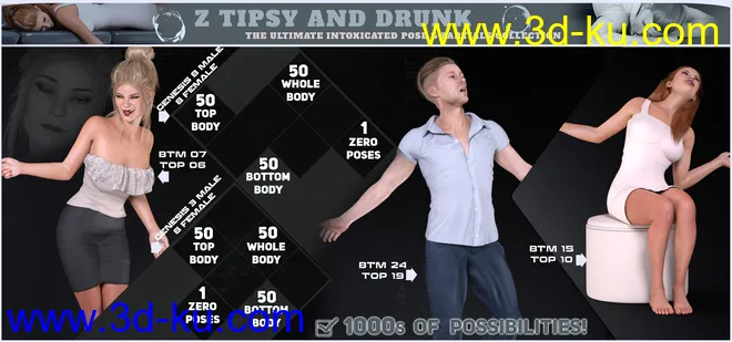 Z Tipsy and Drunk Poses and Expressions for Genesis 3 and 8模型的图片3