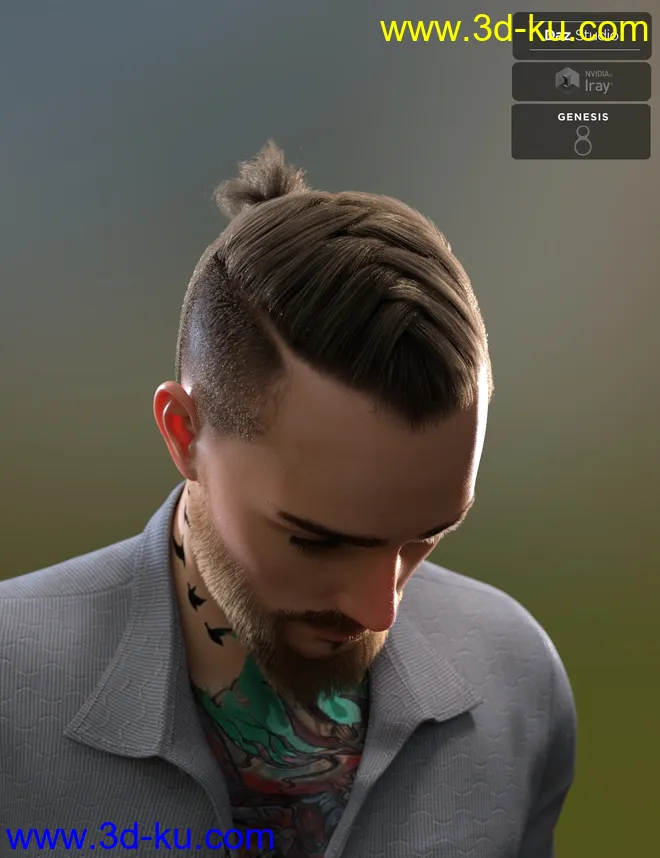 Koryan Top Braid Hair and Beard Set for Genesis 8 Male(s)模型的图片3