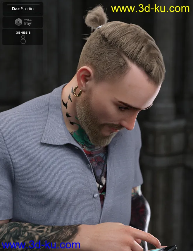 Koryan Top Braid Hair and Beard Set for Genesis 8 Male(s)模型的图片4