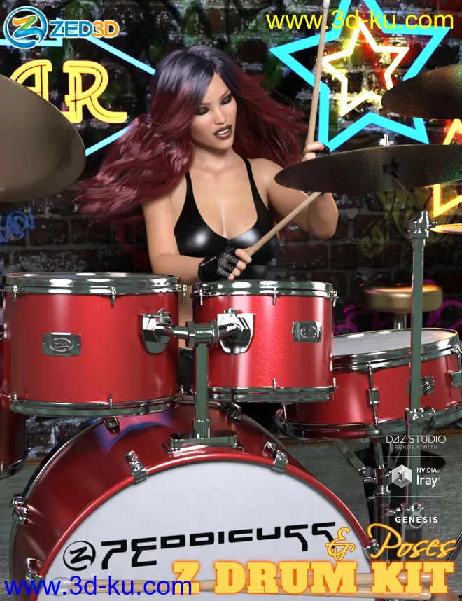 Z Drum Kit and Poses for Genesis 3 and 8模型的图片1