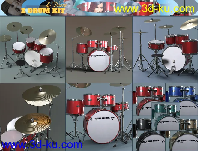 Z Drum Kit and Poses for Genesis 3 and 8模型的图片4