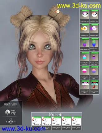 3D打印模型Asuka - Space Buns Hair for Genesis 3 and 8 Female(s)的图片