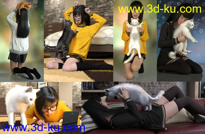 Cat and Girl Poses For Genesis 8 Female模型的图片2