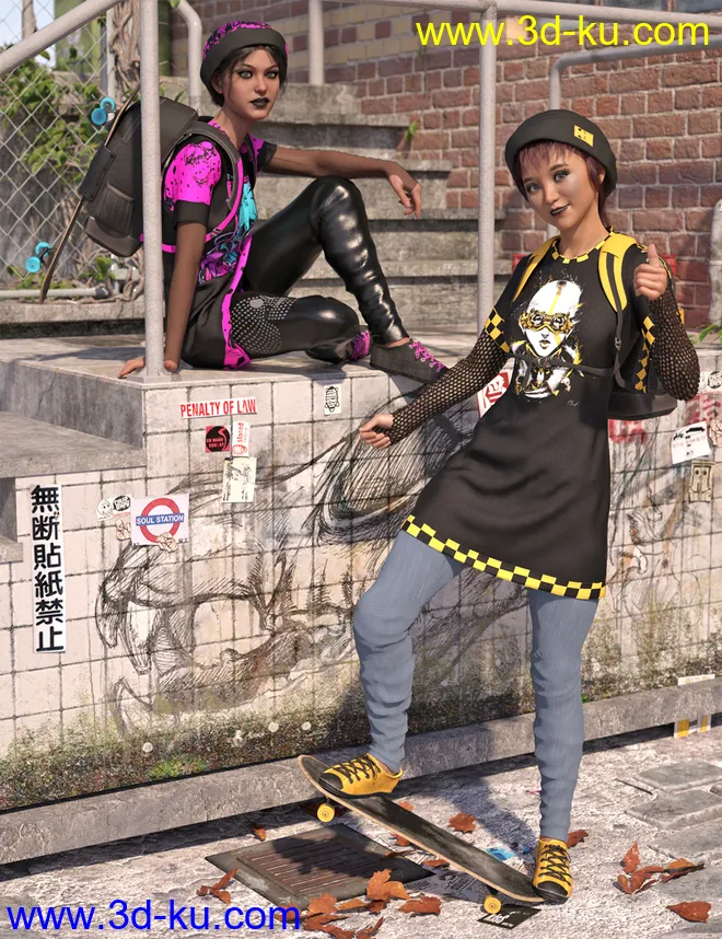 dForce Skate Punk with Skateboard Textures模型的图片1