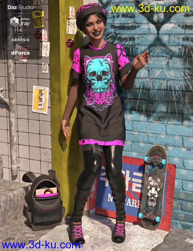 dForce Skate Punk with Skateboard Textures模型的图片5
