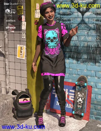 3D打印模型dForce Skate Punk with Skateboard Textures的图片