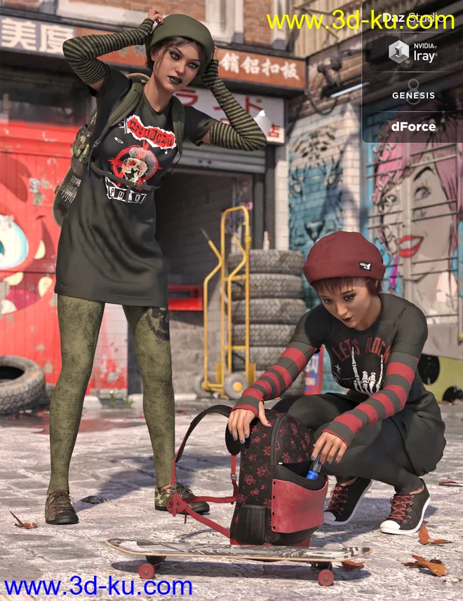 dForce Skate Punk with Skateboard Textures模型的图片8