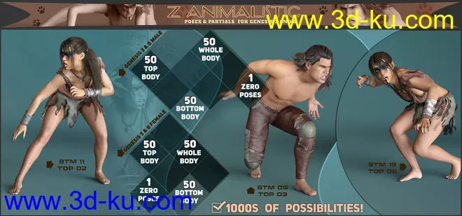Z Animalistic Poses and Partials for Genesis 3 and 8模型的图片3