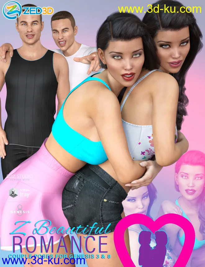 Z Beautiful Romance Couple Poses for Genesis 3 and 8模型的图片1