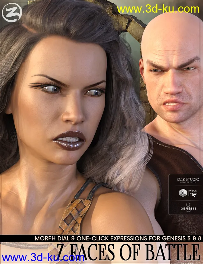 Z Faces Of Battle - Dialable and One-Click Expressions for Genesis 3 and 8模型的图片1