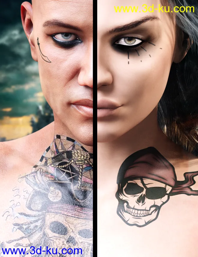 LIE Pirate Face and Body Make-up for Genesis 8模型的图片1