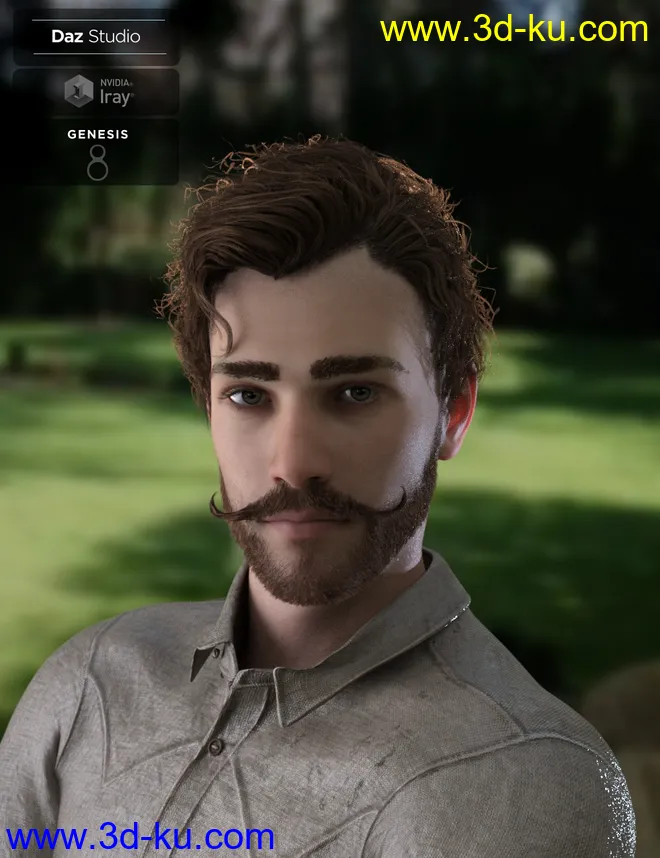 Bastien Curly Hair and Beard for Genesis 8 Male(s)模型的图片1