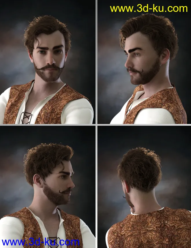 Bastien Curly Hair and Beard for Genesis 8 Male(s)模型的图片5