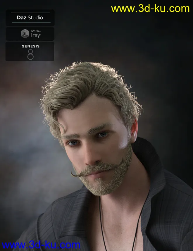 Bastien Curly Hair and Beard for Genesis 8 Male(s)模型的图片6