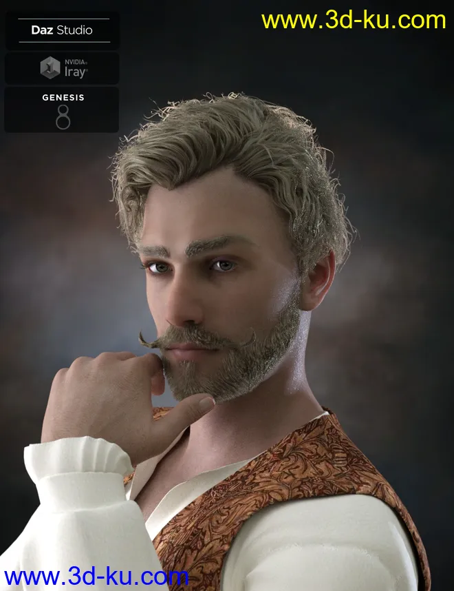 Bastien Curly Hair and Beard for Genesis 8 Male(s)模型的图片7