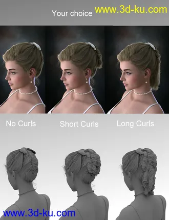 3D打印模型Kelya Curls Updo Hair for Genesis 8 Female(s)的图片