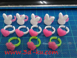 3D打印模型有花卉，兔子头和心的戒指的图片